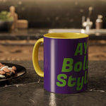 Colorful custom mug with purple exterior and yellow handle and interior, featuring bold green text, ideal for coffee lovers and vibrant home decor