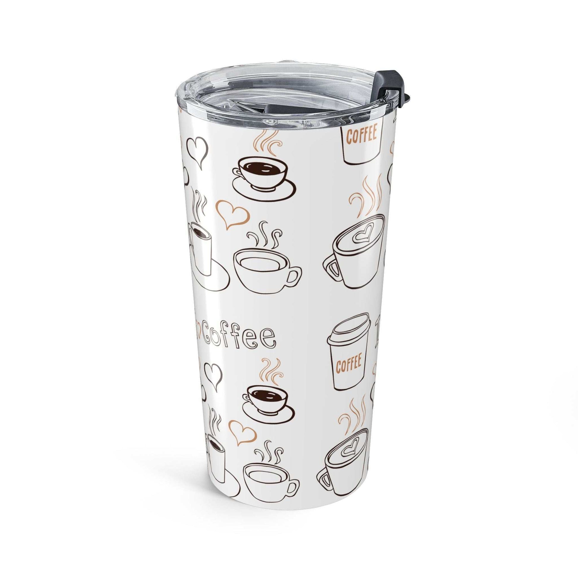 20oz stainless steel coffee theme tumbler with double-wall insulation and clear push-on lid