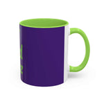 Colorful custom mug with purple exterior and lime green handle and interior, glossy ceramic design