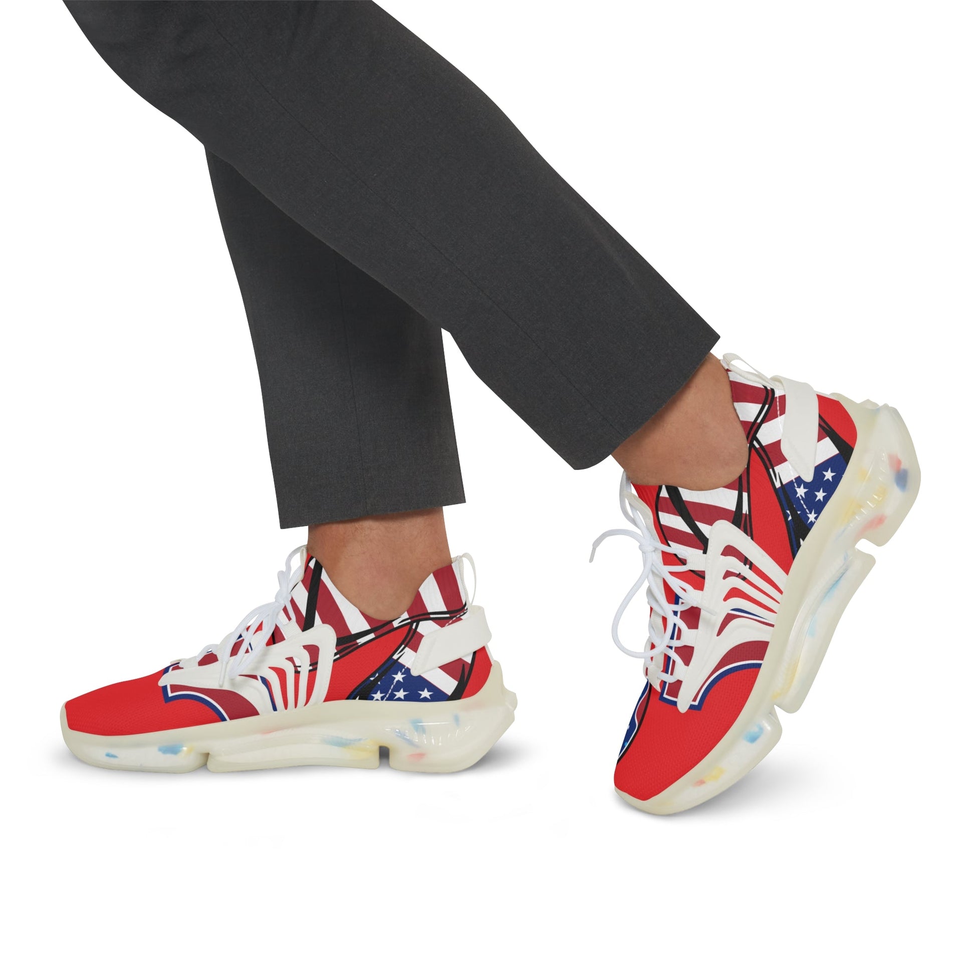 Vibrant men's mesh sneakers with bold red, white, and blue all-over print and lightweight EVA sole for everyday comfort