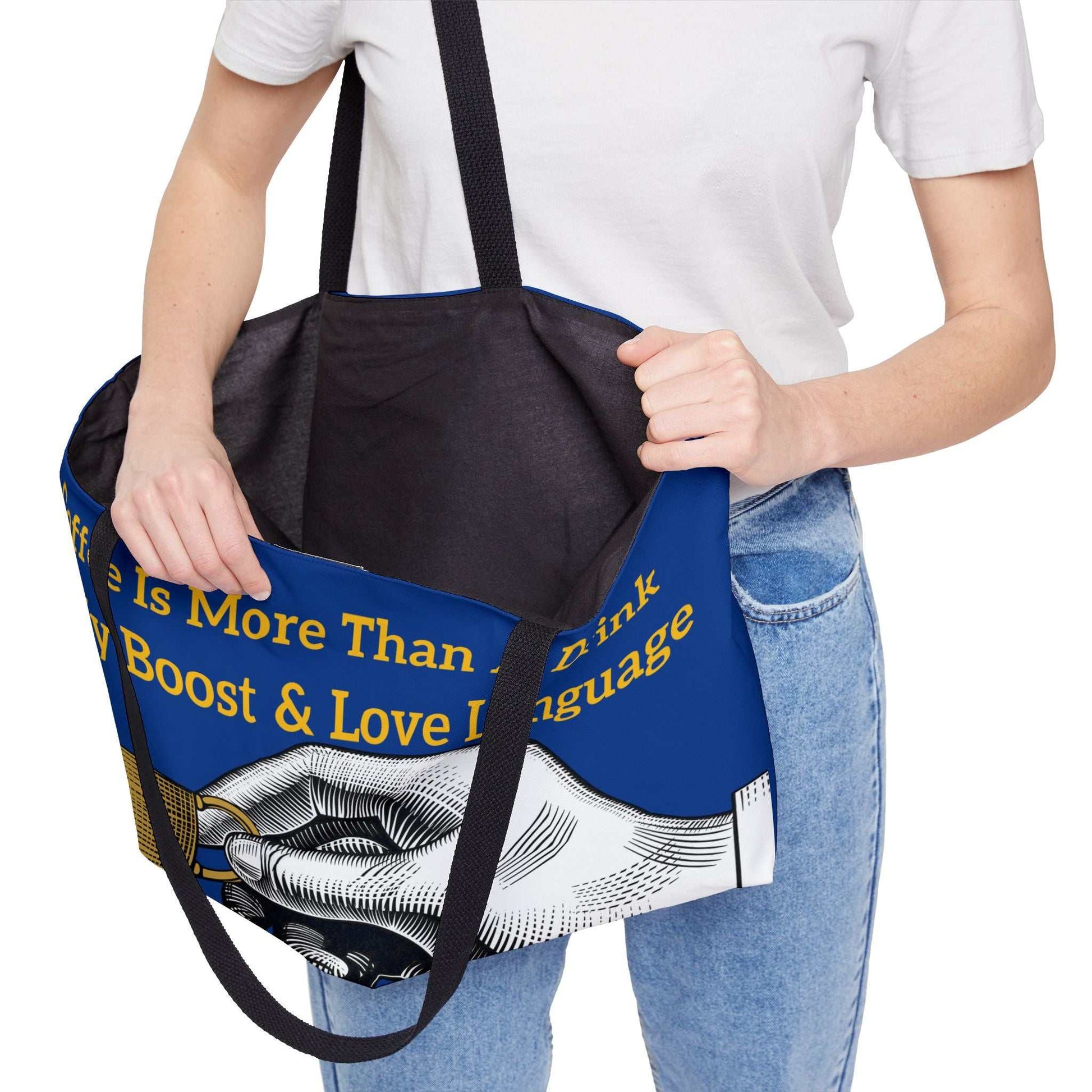 Coffee Lover's Weekender Tote Bag with coffee-themed print, black cotton handles, and spacious interior