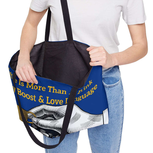 Coffee Lover's Weekender Tote Bag with coffee-themed print, black cotton handles, and spacious interior