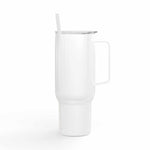 White Cozy Vibes Insulated Tumbler with handle, spill-resistant lid, and straw for hot and cold beverages, 40oz capacity, eco-friendly design