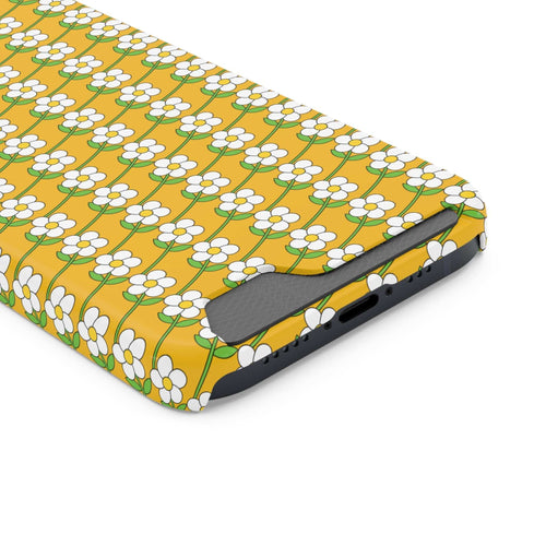 Yellow floral phone case with white flowers and green stems, slim protective cover with card holder slot.