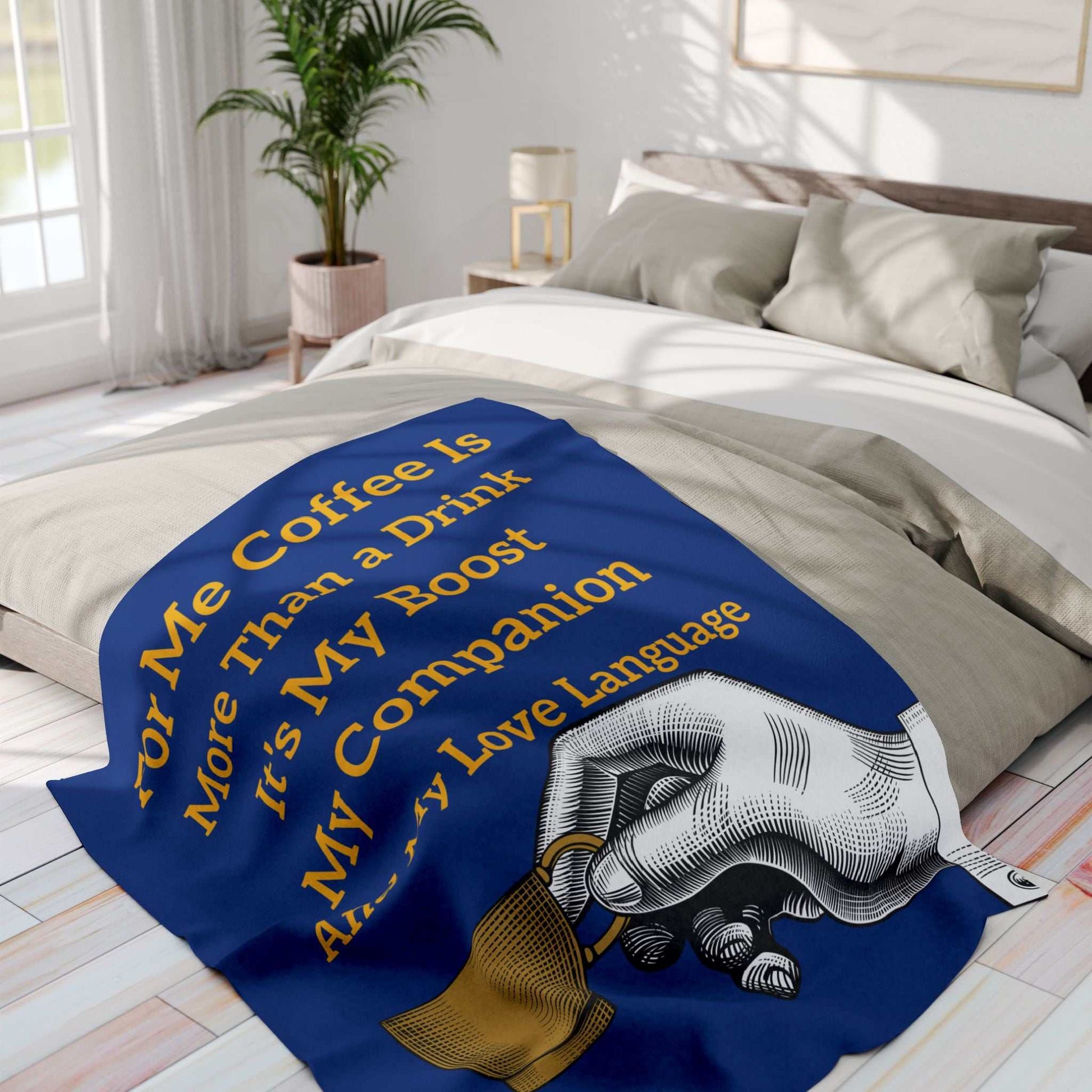 Coffee Lover's Cozy Fleece Blanket with coffee-themed design and vibrant colors on bed in modern bedroom setting
