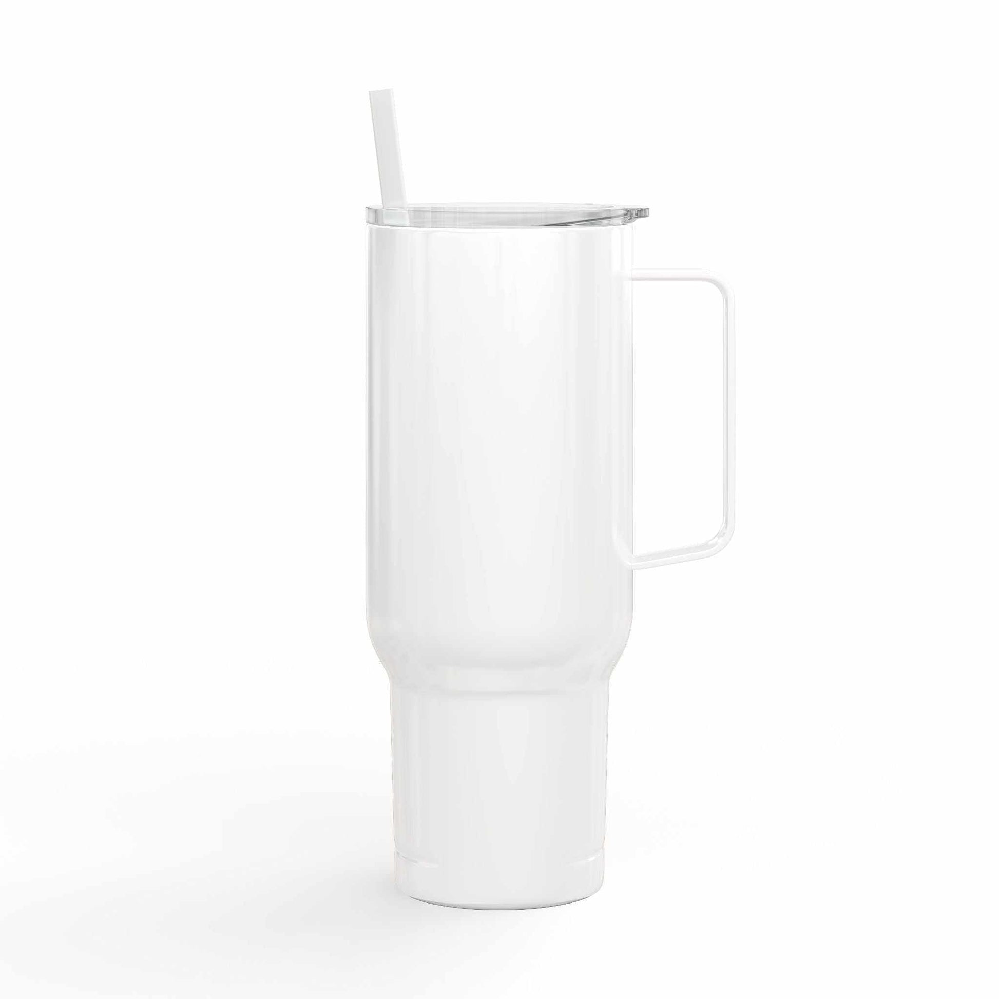 White engraved insulated tumbler 40oz travel mug with handle and straw lid for hot and cold drinks