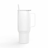 White engraved insulated tumbler 40oz travel mug with handle and straw lid for hot and cold drinks