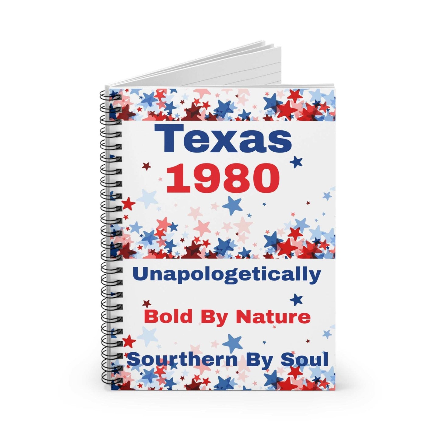 Texas Theme Inspired spiral notebook with patriotic red, white, and blue star design and bold text cover