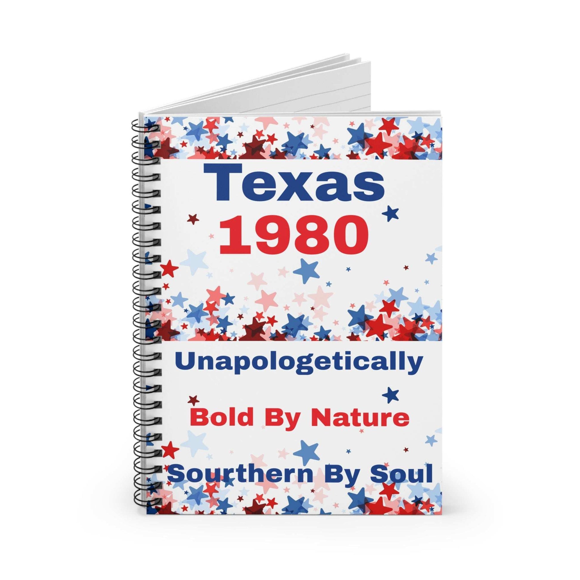 Texas Theme Inspired spiral notebook with patriotic red, white, and blue star design and bold text cover