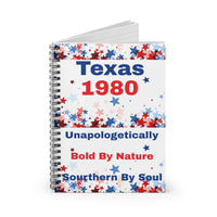 Texas Theme Inspired spiral notebook with patriotic red, white, and blue star design and bold text cover