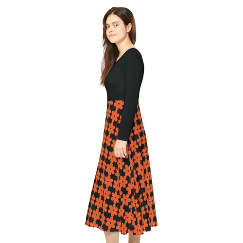 Woman wearing a Women's Long Sleeve Dance Dress with black top and orange floral patterned skirt