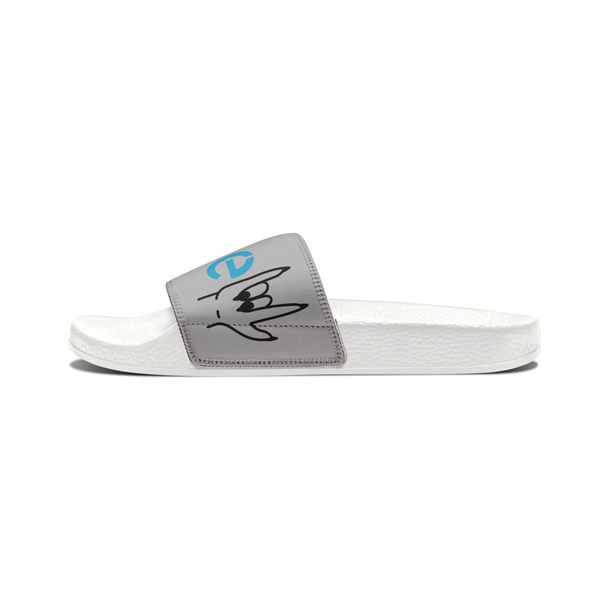 Women's removable-strap slide sandal with white polyurethane sole and grey printed neoprene strap