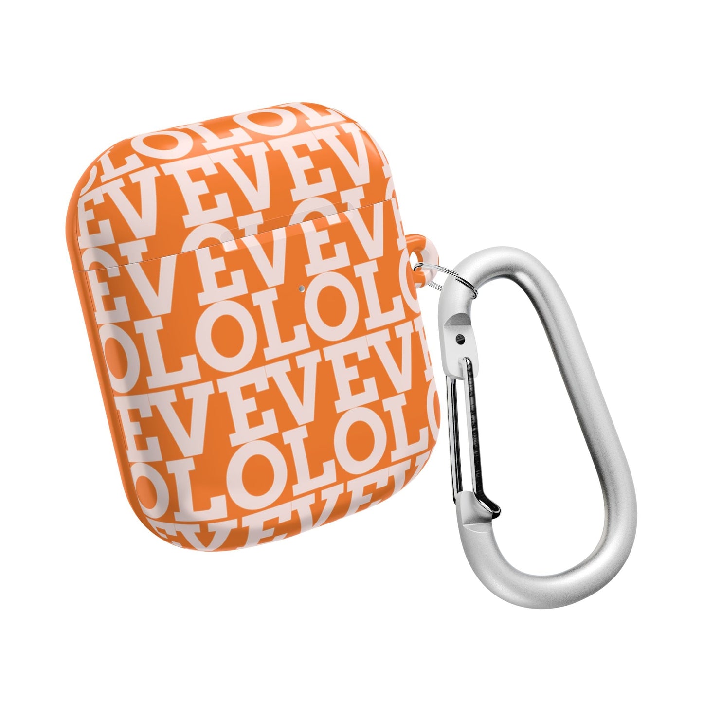Orange polycarbonate AirPod case with all-around 3D printed white text design and attached silver carabiner clip