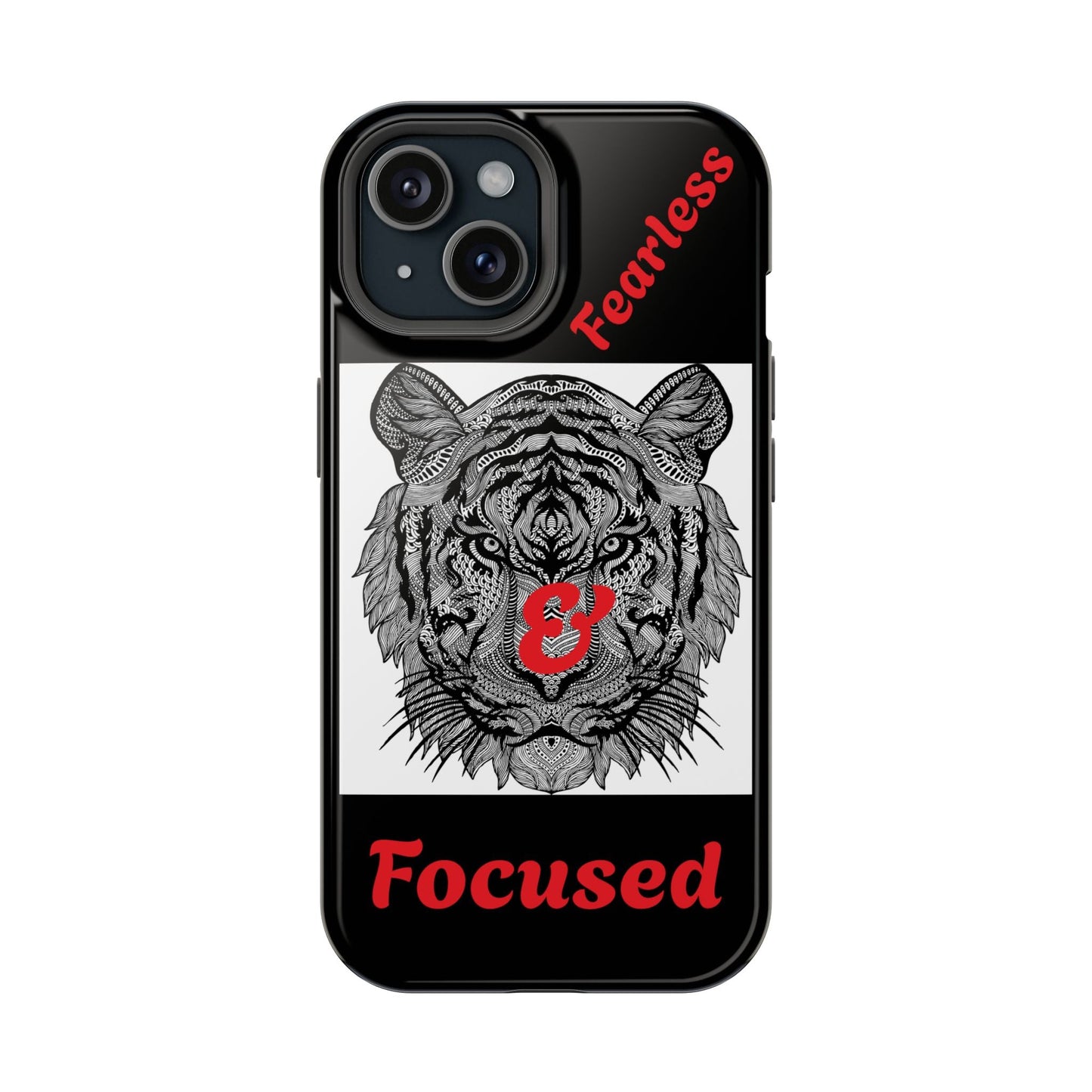 Black tiger phone case with intricate tiger face design and red "Fearless & Focused" text, impact-resistant and wireless charging compatible