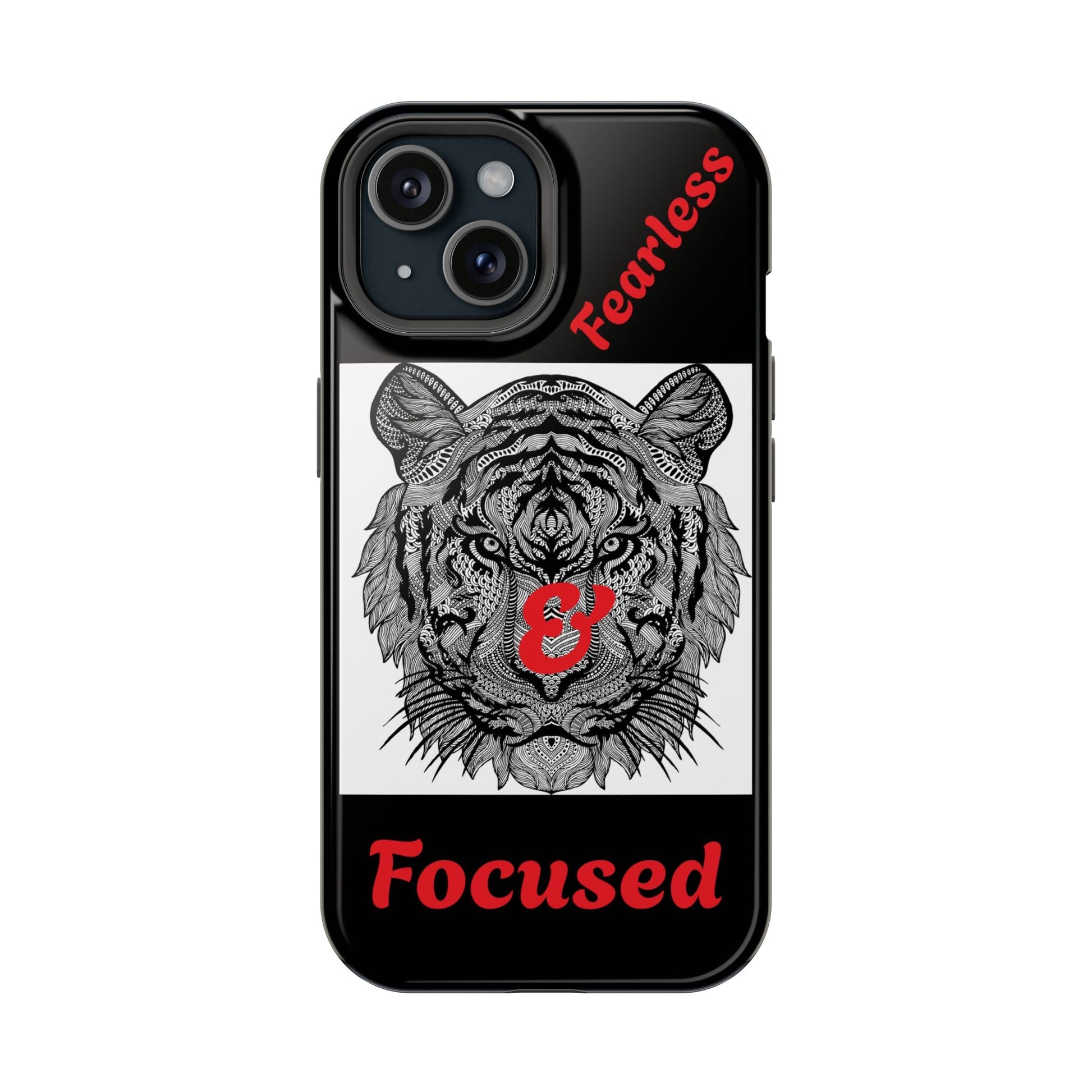 Black tiger phone case with intricate tiger face design and red "Fearless & Focused" text, impact-resistant and wireless charging compatible