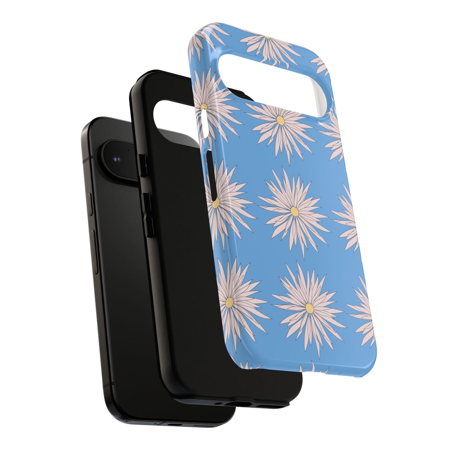 Blue daisy pattern phone case with floral design and shockproof protection