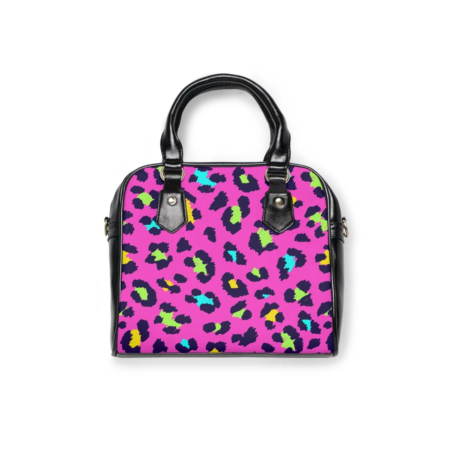 Vibrant leopard print shoulder handbag with colorful spots and black handles on white background