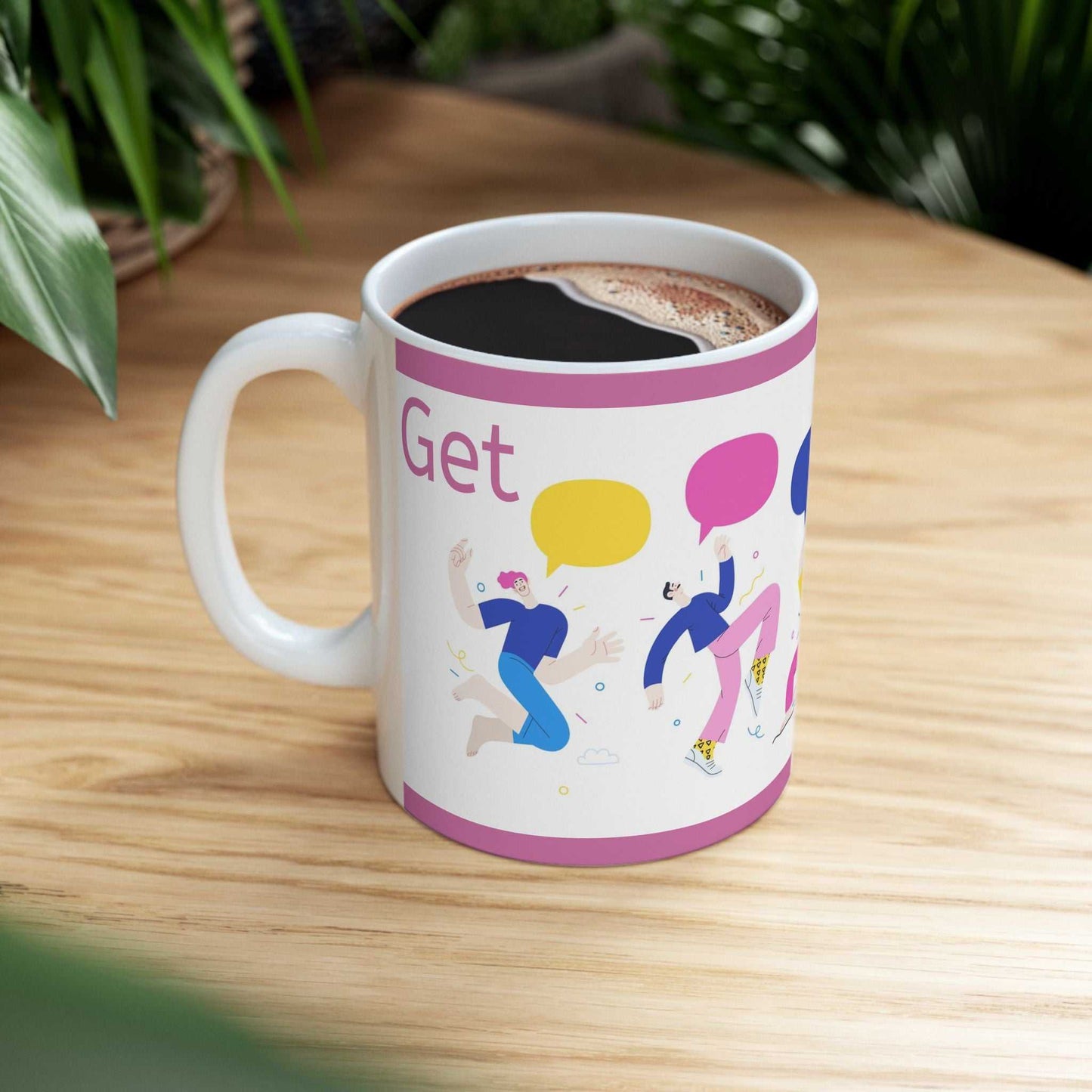 Get Your Groves On ceramic mug with colorful dancing figures and speech bubbles, glossy finish, coffee-filled on wooden surface