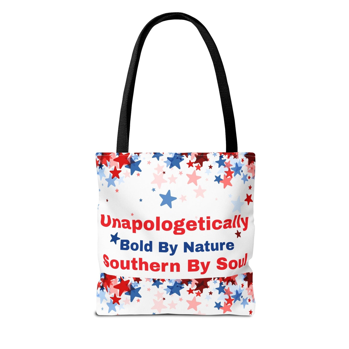 Chic tote bag with patriotic red and blue star pattern and bold text design, eco-friendly polyester shopping bag with black handles
