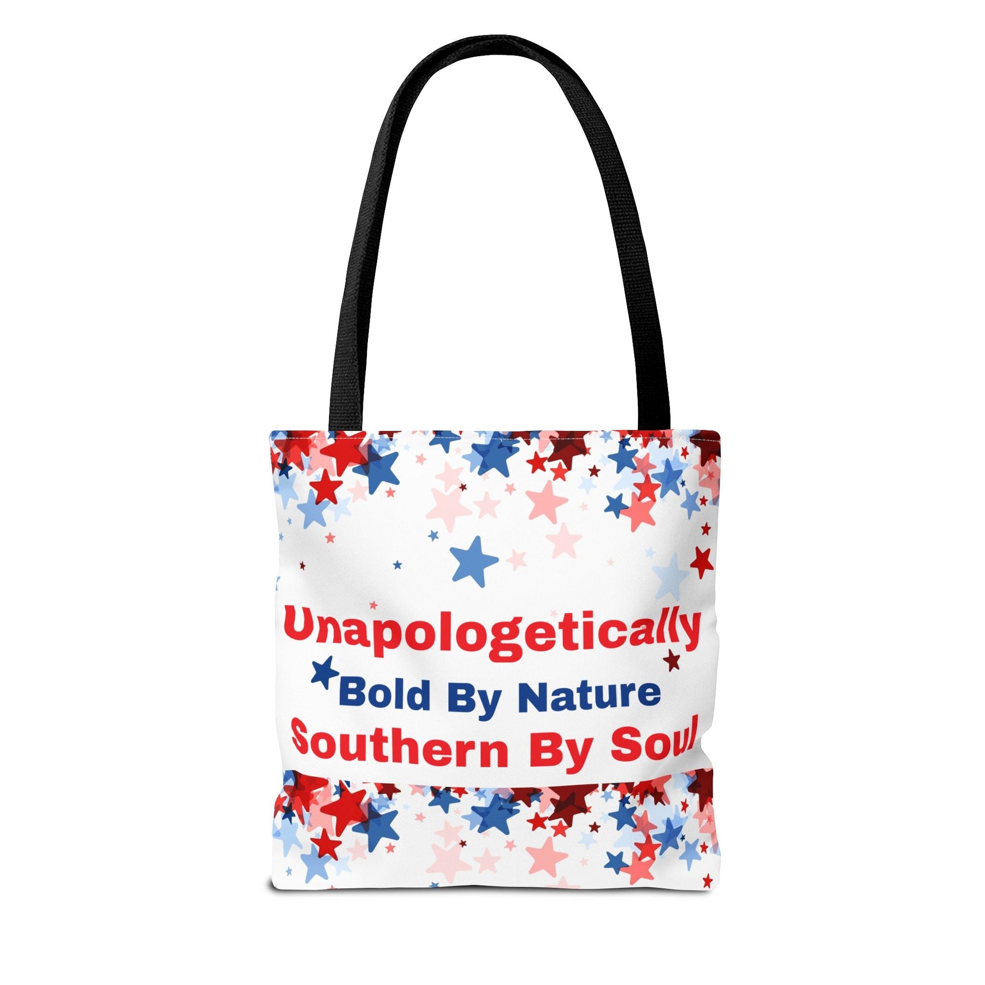 Chic tote bag with patriotic red and blue star pattern and bold text design, eco-friendly polyester shopping bag with black handles