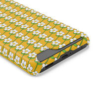 Slim floral phone case with white flowers on yellow background and card holder slot