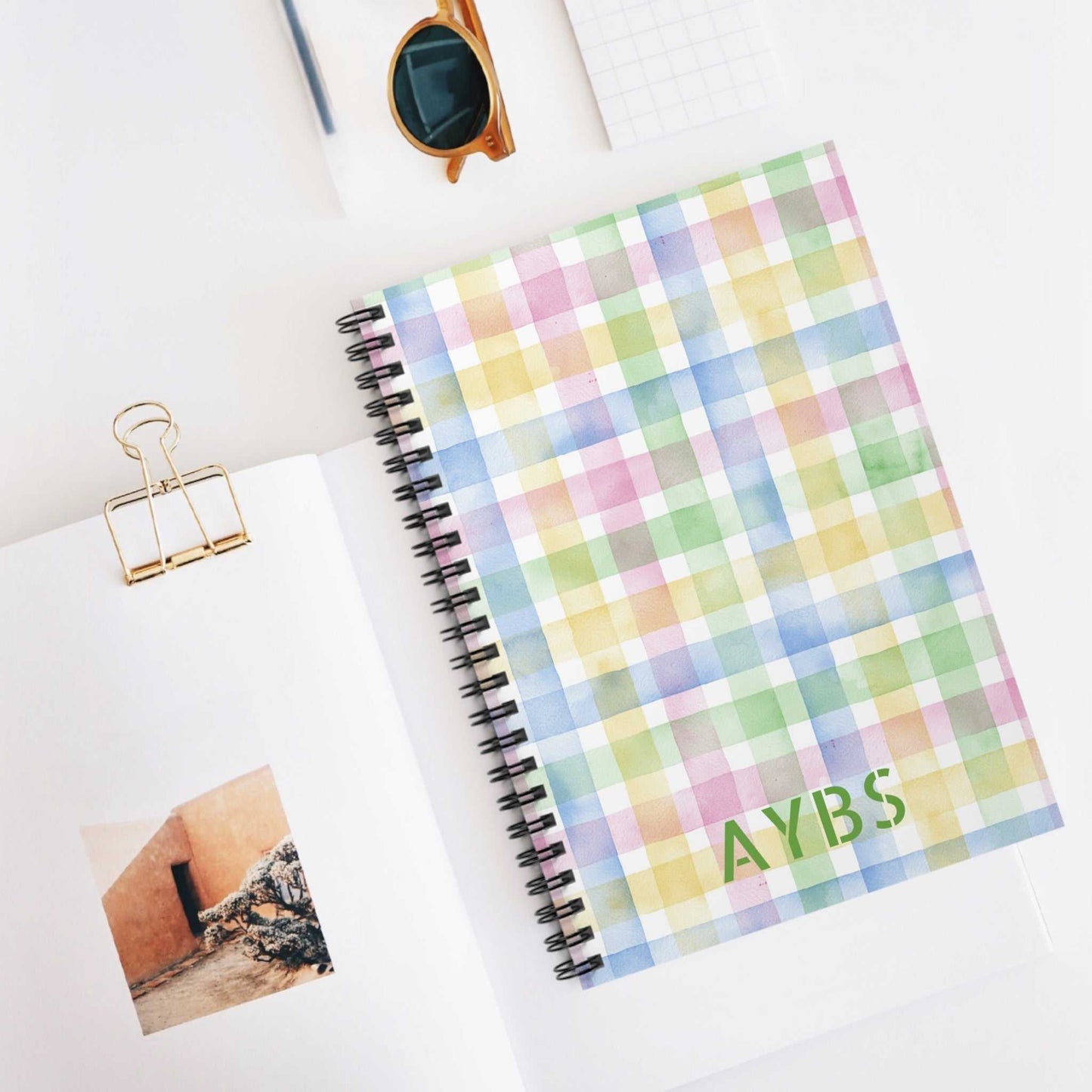 Cute checkered watercolor spiral notebook with ruled line pages and metal binding
