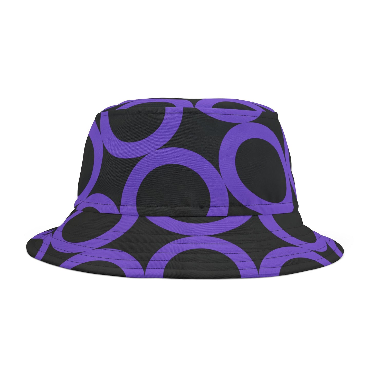 Purple Dot Pattern Bucket Hat in black with large purple circles, adjustable and stylish summer sun hat