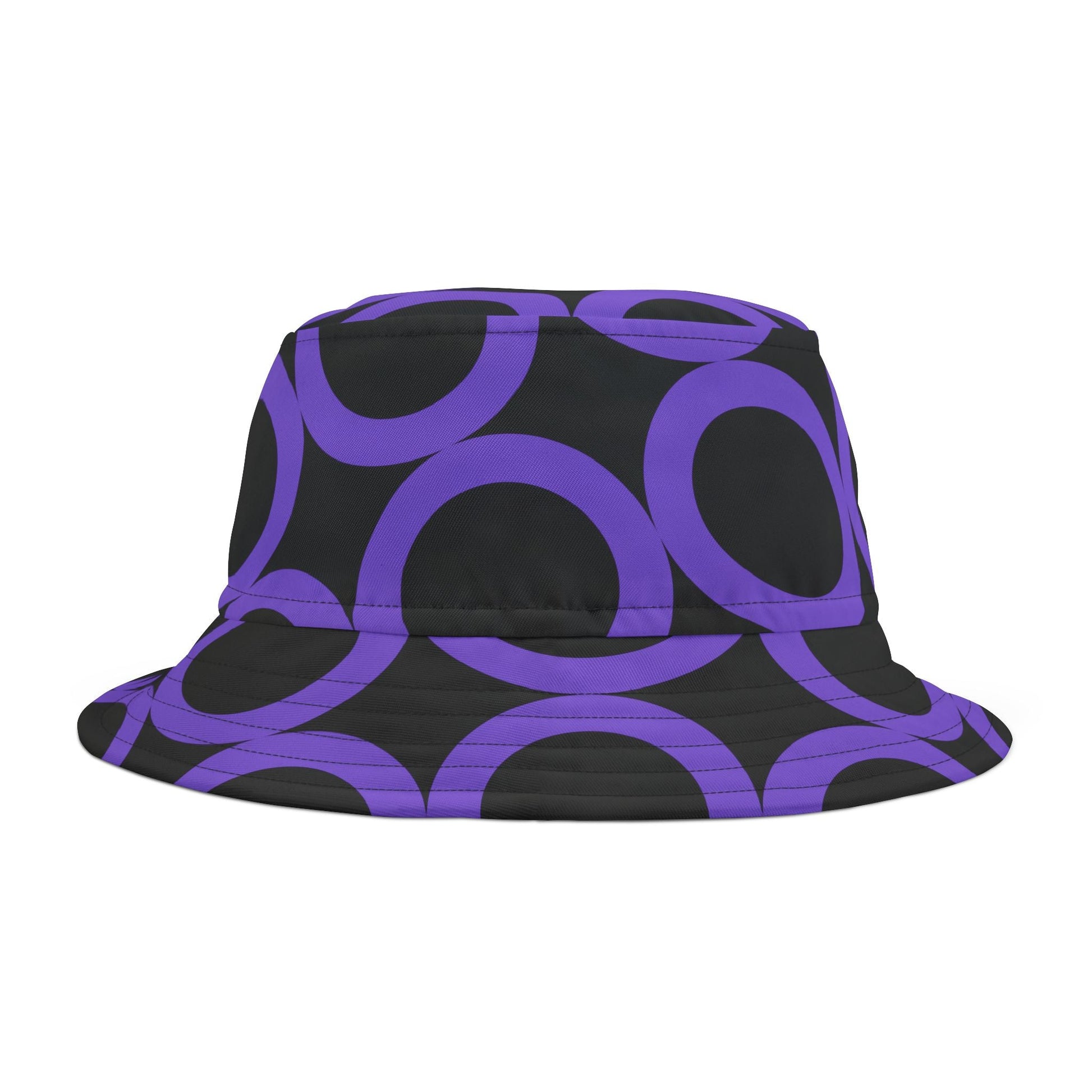 Purple Dot Pattern Bucket Hat in black with large purple circles, adjustable and stylish summer sun hat