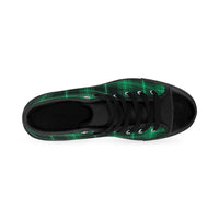 Top view of stylish green plaid sneakers for men with black toe and laces