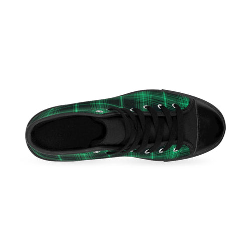 Top view of stylish green plaid sneakers for men with black toe and laces