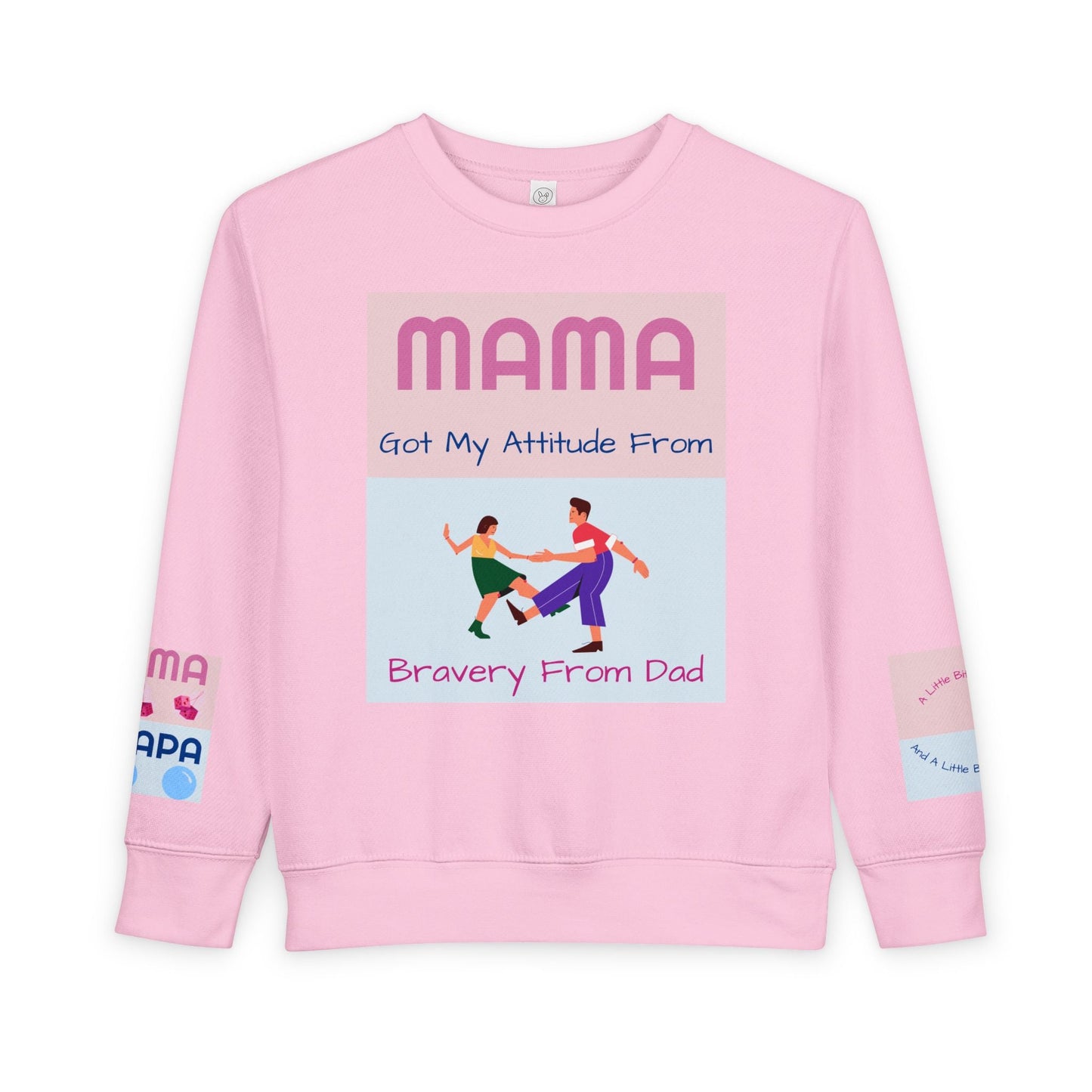 Pink Mama's Attitude toddler sweatshirt with playful graphic and text, made of soft cotton-polyester blend.
