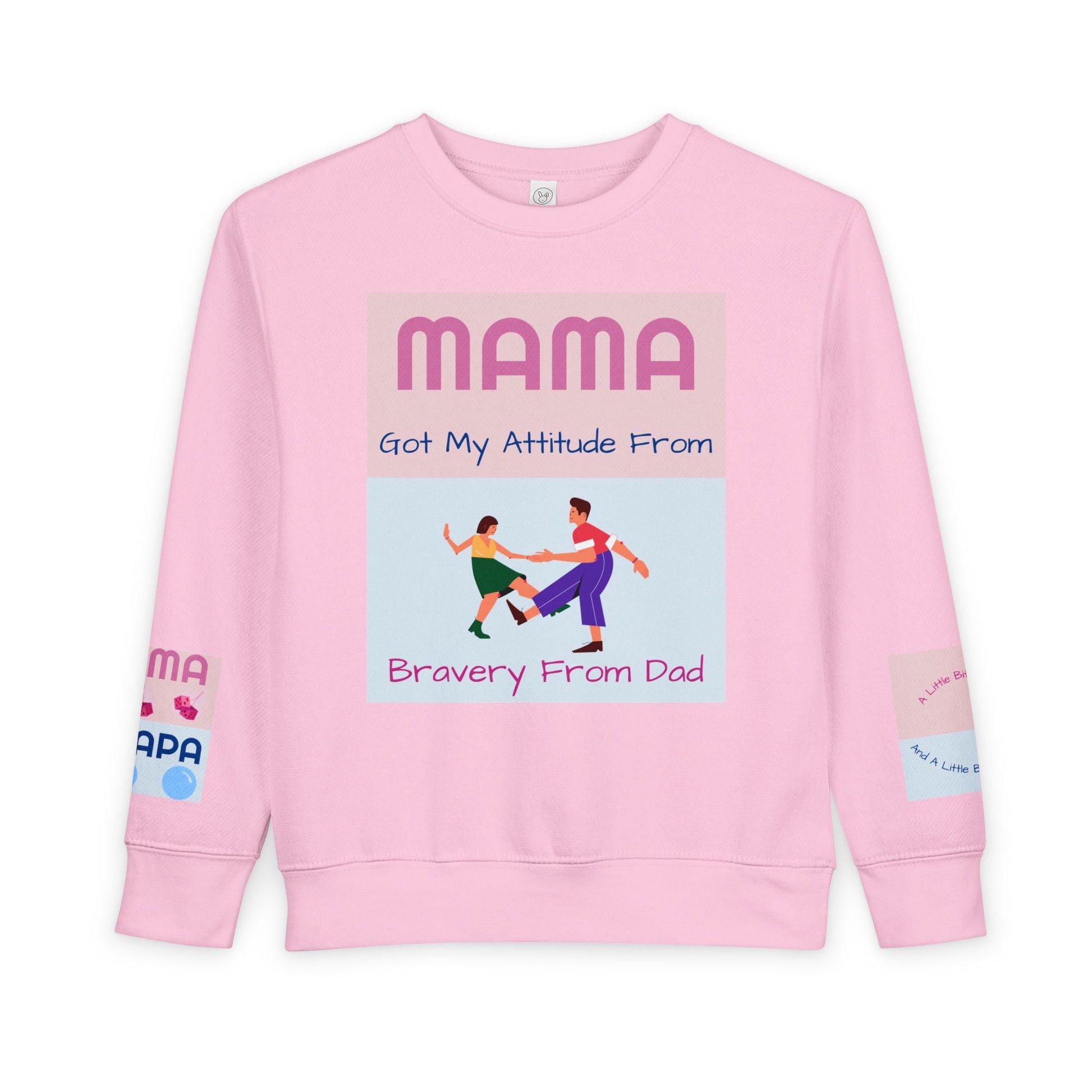 Pink Mama's Attitude toddler sweatshirt with playful graphic and text, made of soft cotton-polyester blend.