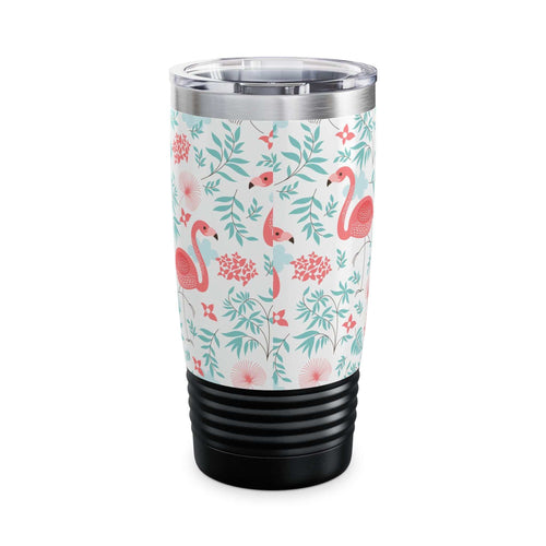 Colorful Landscape Tumbler 20oz with flamingo and floral design, ribbed bottom travel mug for hot and cold drinks