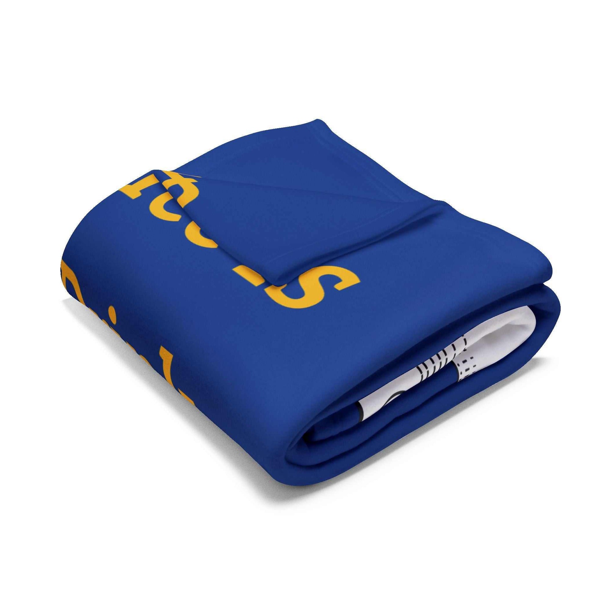 Folded blue Coffee Lover's Cozy Fleece Blanket with yellow text, soft and warm polyester fabric for home decor and gifts