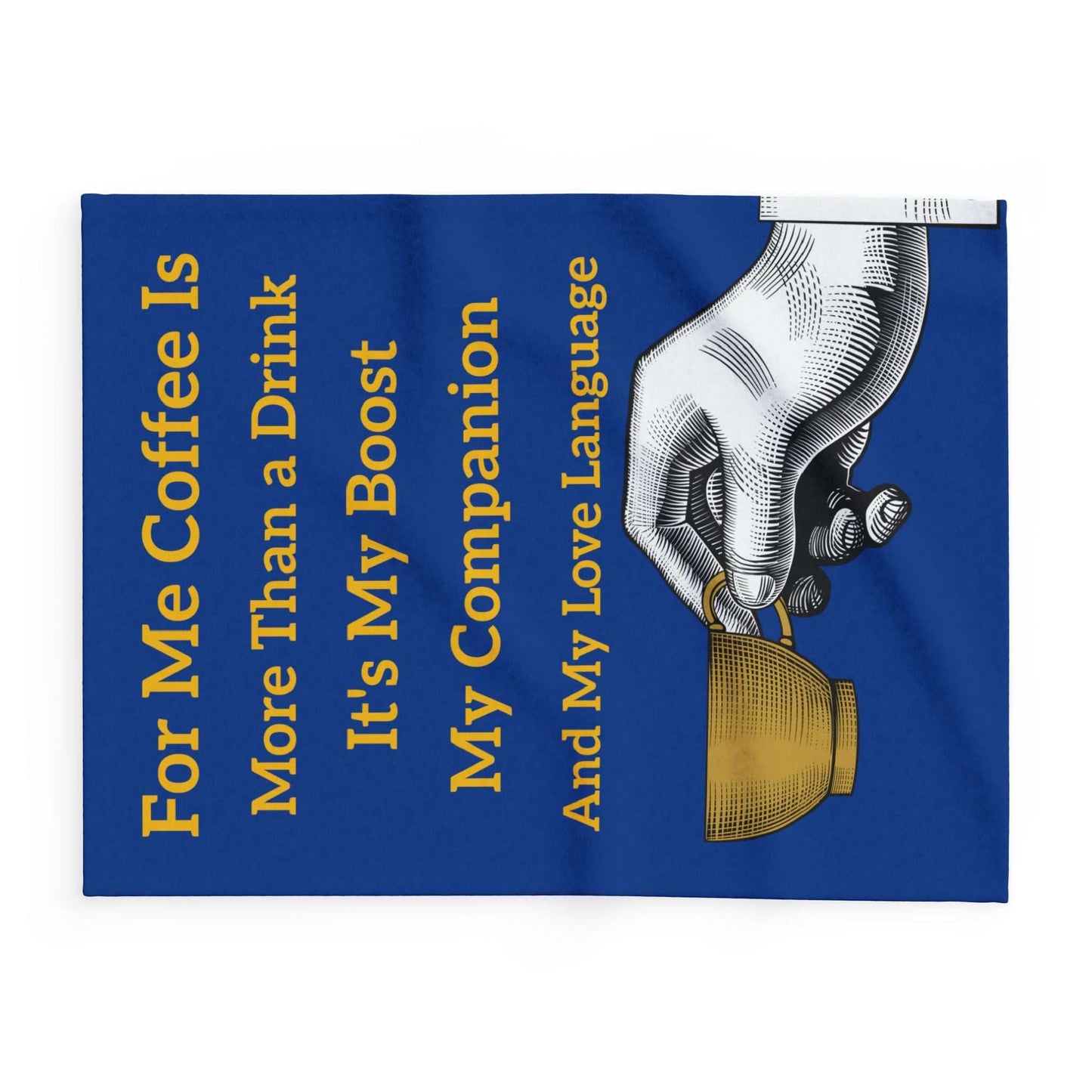 Coffee Lover's Cozy Fleece Blanket with coffee-themed text and hand illustration on blue background