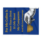 Coffee Lover's Cozy Fleece Blanket with coffee-themed text and hand illustration on blue background