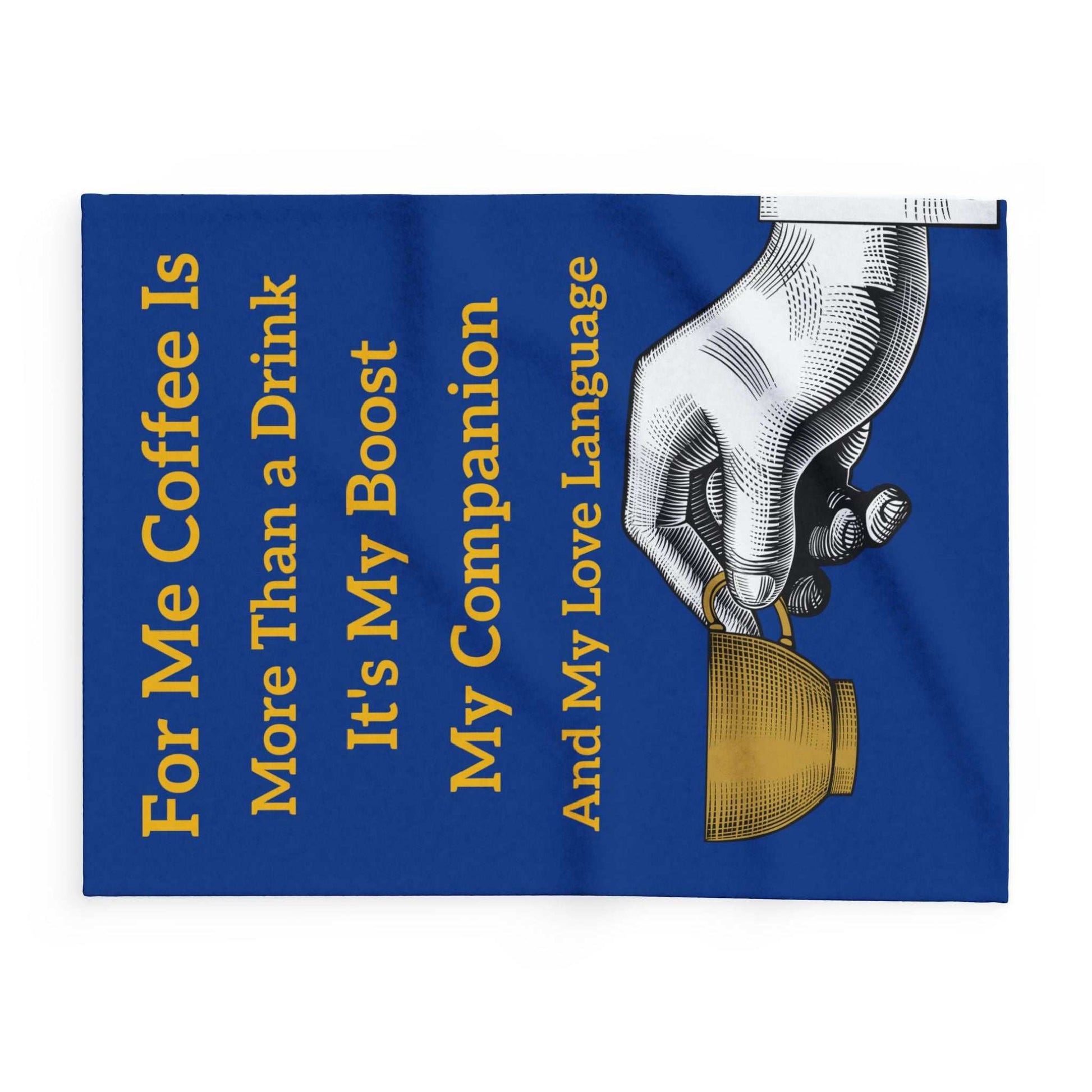 Coffee Lover's Cozy Fleece Blanket with coffee-themed text and hand illustration on blue background