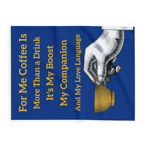 Coffee Lover's Cozy Fleece Blanket with coffee-themed text and hand illustration on blue background