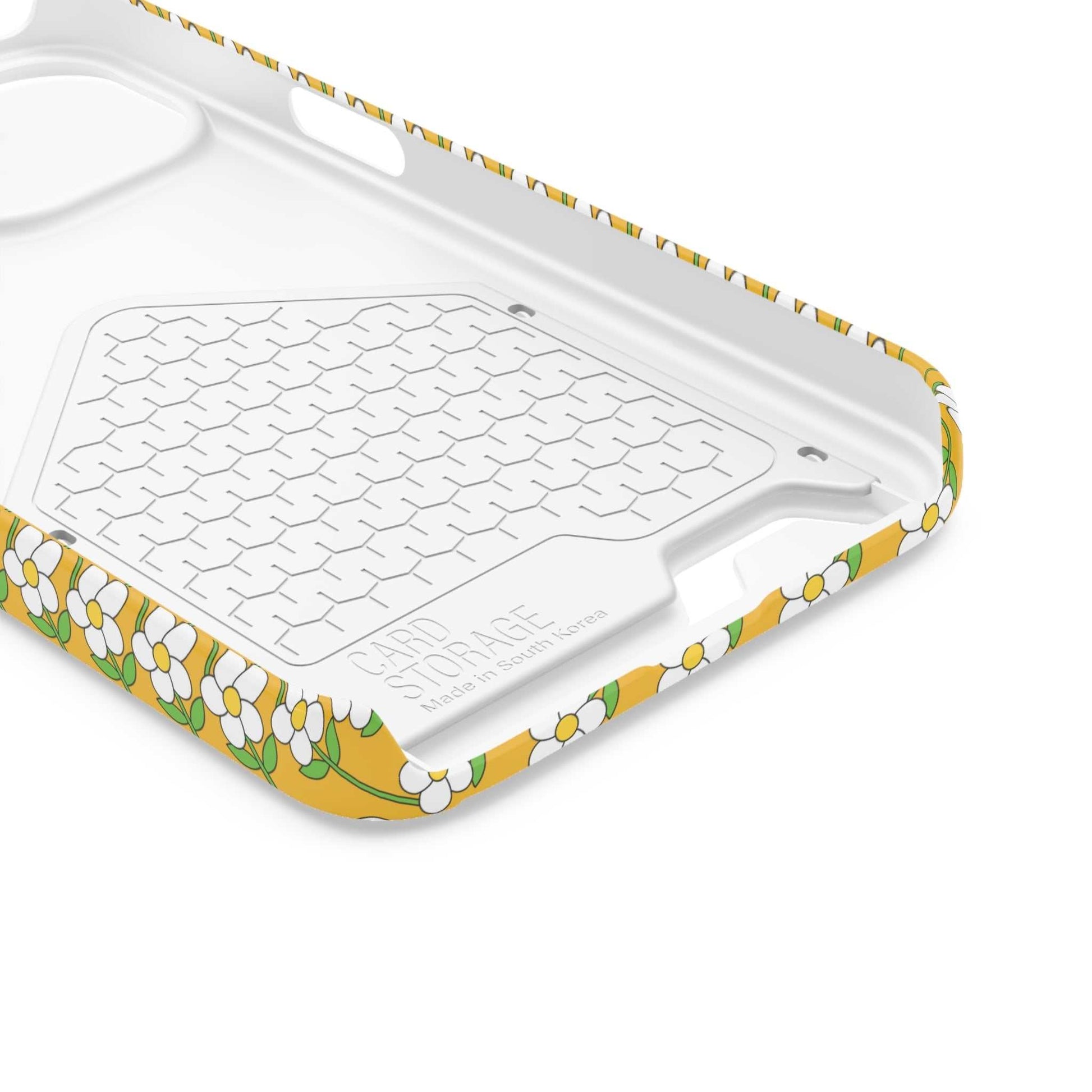 Floral phone case with white daisy design on yellow background, durable polycarbonate material with built-in card holder slot