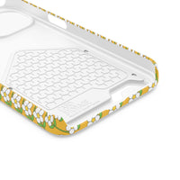 Floral phone case with white daisy design on yellow background, durable polycarbonate material with built-in card holder slot