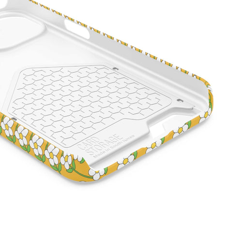 Floral phone case with white daisy design on yellow background, durable polycarbonate material with built-in card holder slot