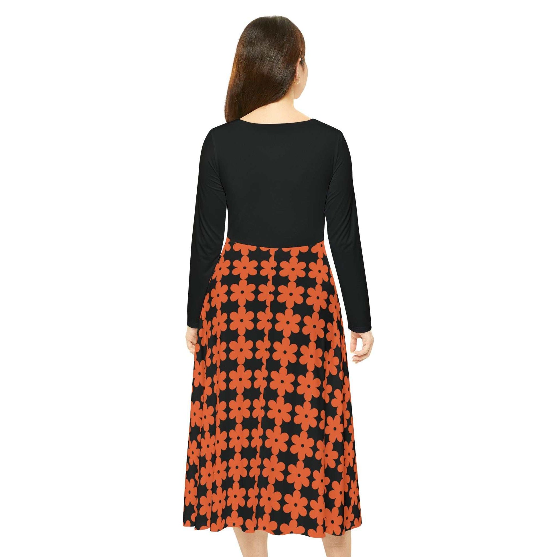 Women's long sleeve dance dress with black top and orange floral patterned skirt, made of breathable polyester milk silk fabric.