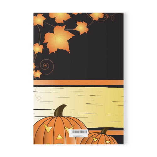 Cozy Fall Notebook with autumn leaves and jack-o'-lantern pumpkin design on A5 softcover