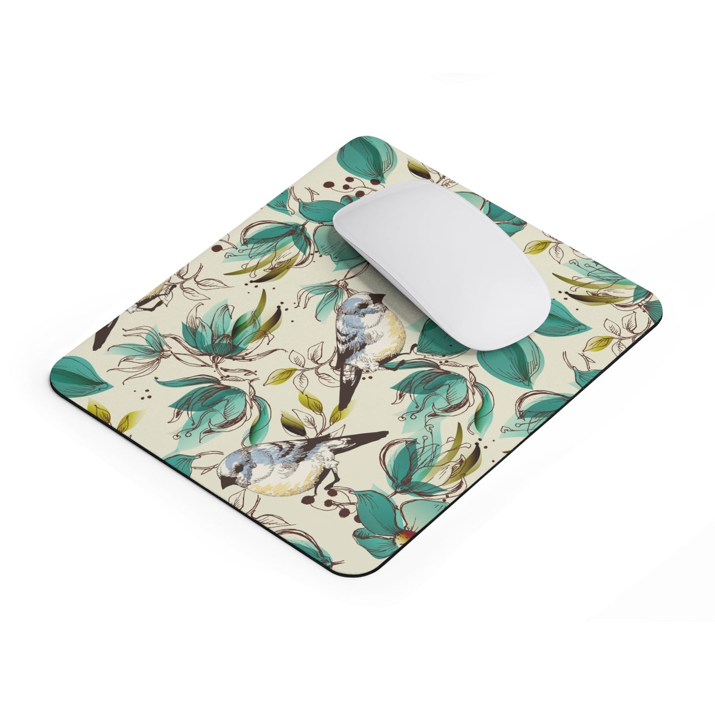 Stylish mouse pad with green floral and bird animal print design, comfortable neoprene surface with non-slip base for office desk accessory