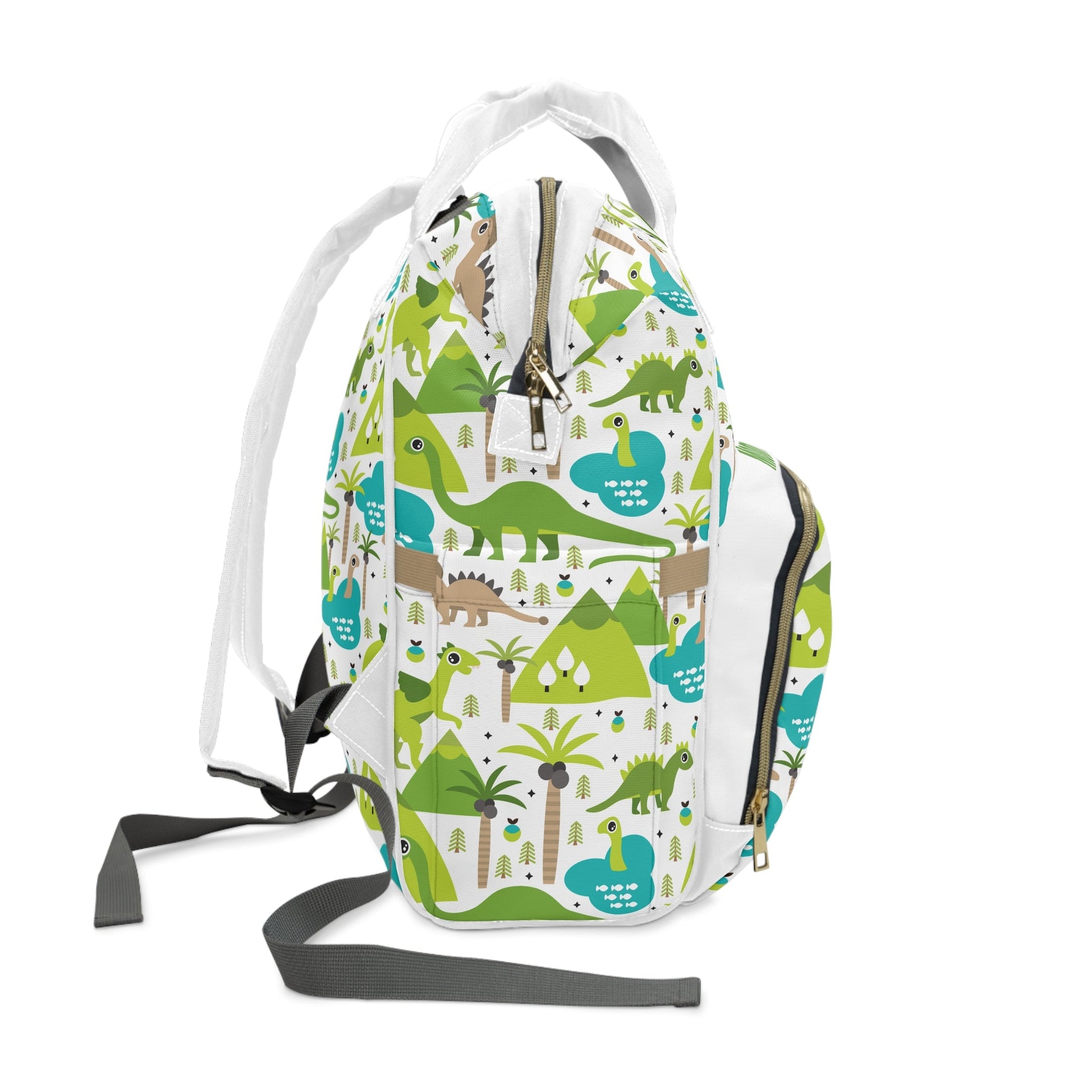 Side view of dinosaur themed diaper backpack with green dinosaur patterns and adjustable straps