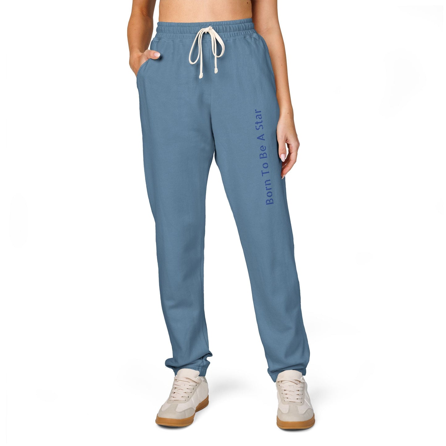 Comfortable unisex fleece sweatpants in blue with "Born To Be A Star" text, relaxed fit and drawstring waist