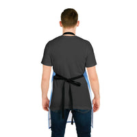 Back view of person wearing black apron with blue side stripes and black tie-back straps