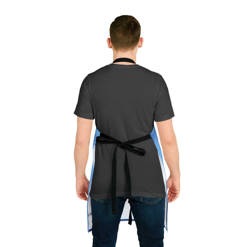 Back view of person wearing black apron with blue side stripes and black tie-back straps