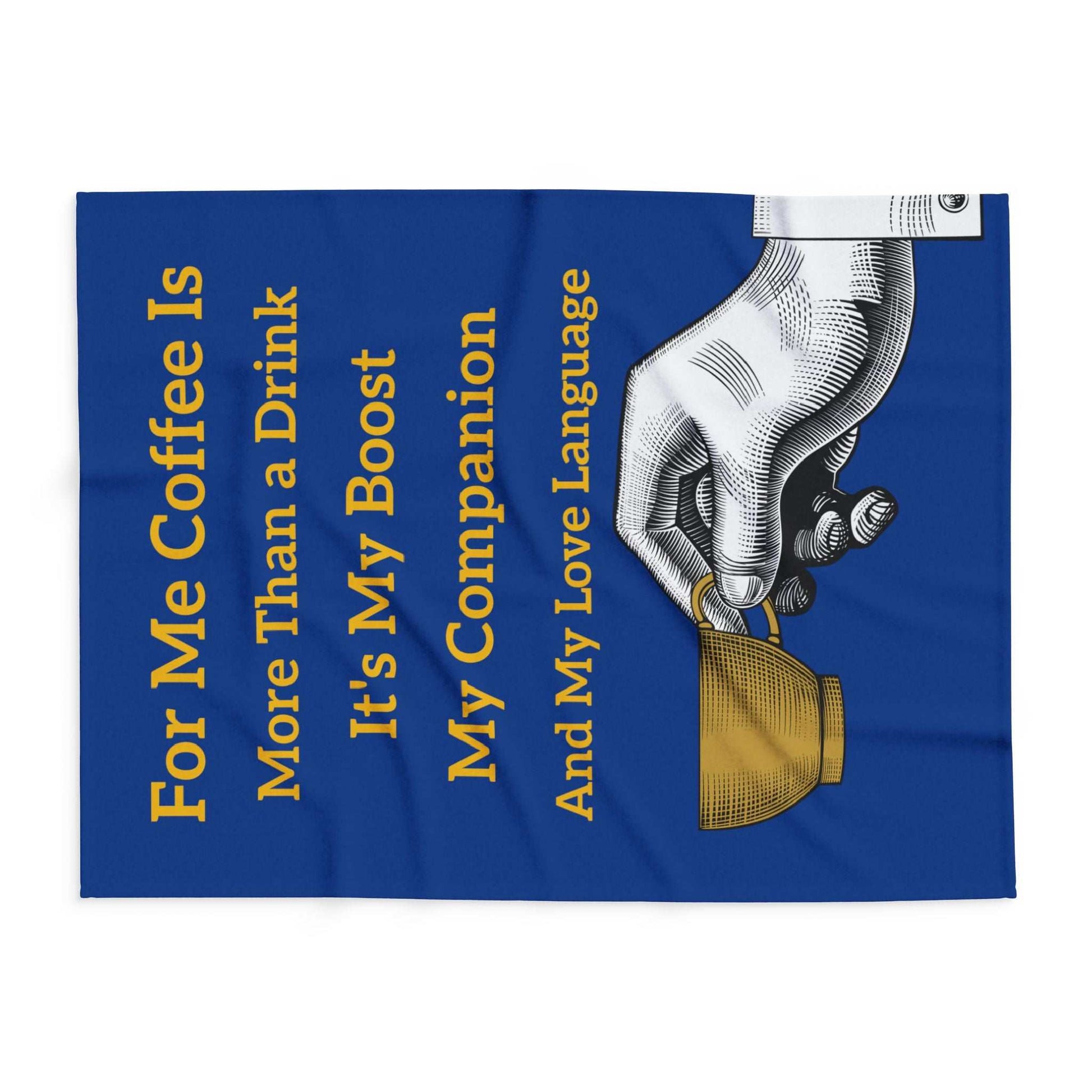 Coffee Lover's Cozy Fleece Blanket with coffee quote and hand holding cup on blue background