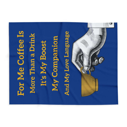 Coffee Lover's Cozy Fleece Blanket with coffee quote and hand holding cup on blue background